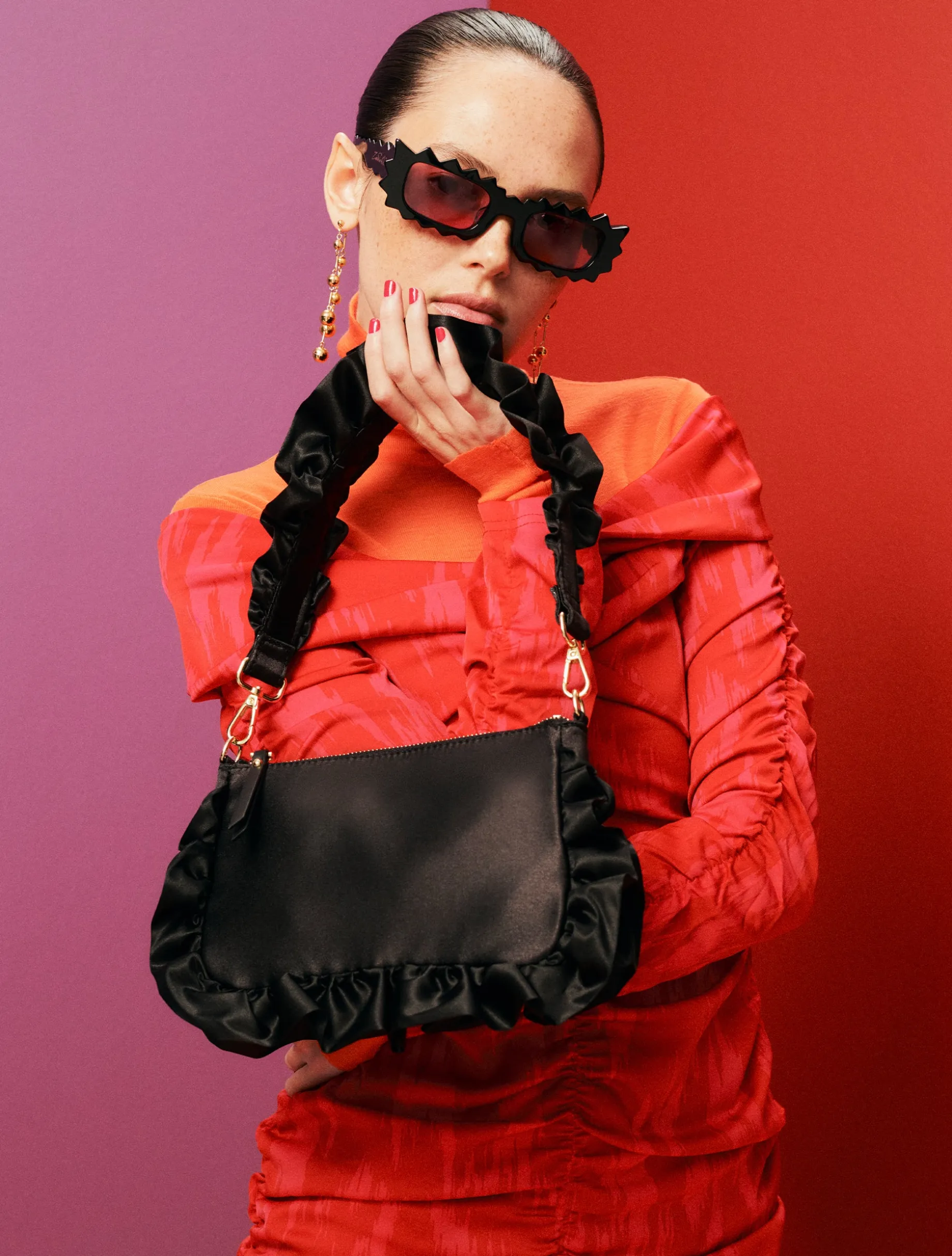 Frilled Satin Bag - Black